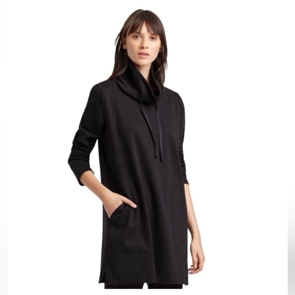 Eileen Fisher Organic Cotton Funnel Neck Tunic Sweatshirt Black XS Minimalist